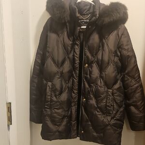 Ellen Tracy Dark Brown Quilted Coat with Fur Trim